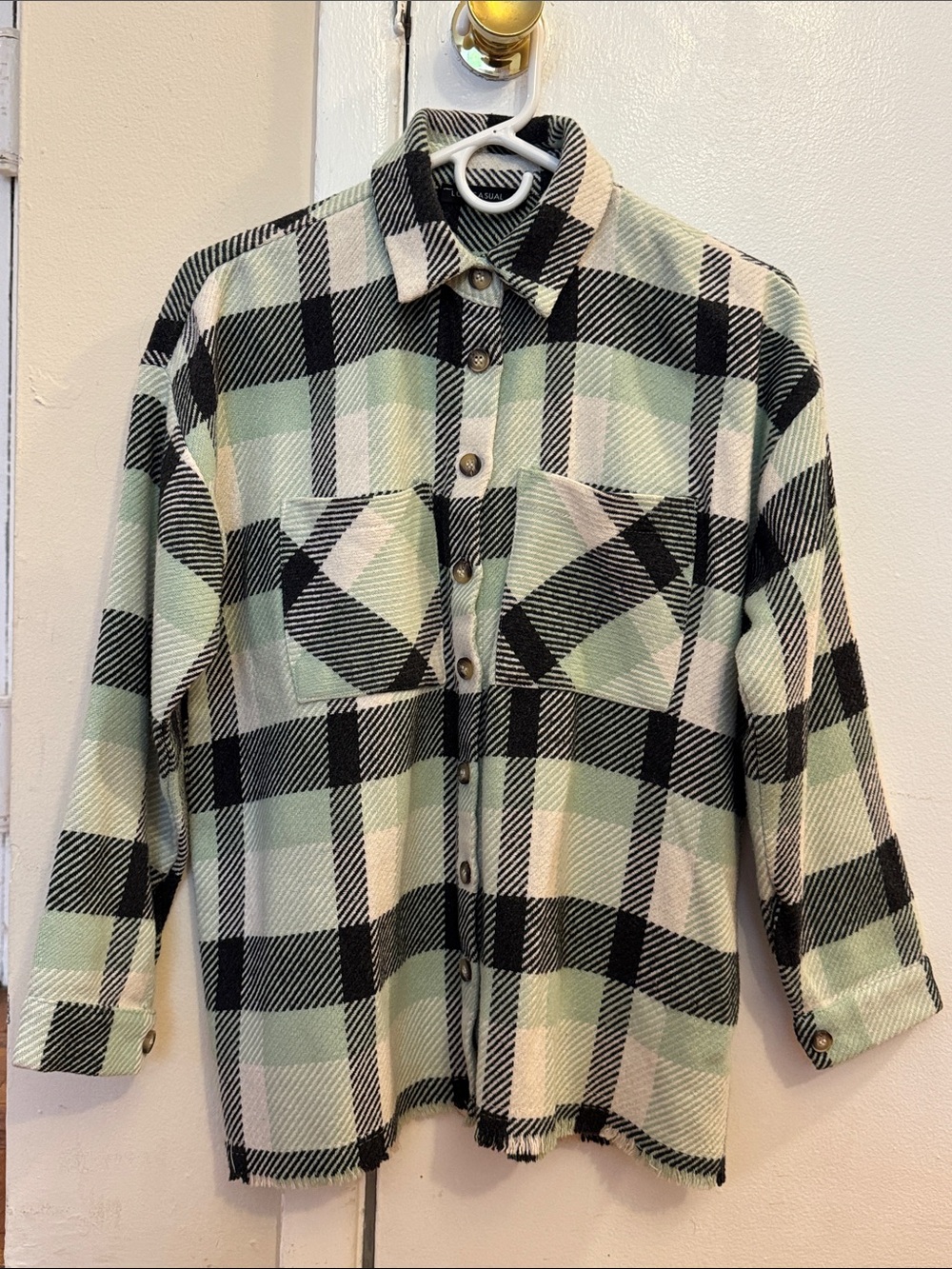 Plaid Button-Down Shacket in Mint and Black